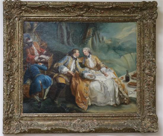 Late 19th century Continental School, oil on canvas, 18th century lovers at a picnic, 32 x 40cm